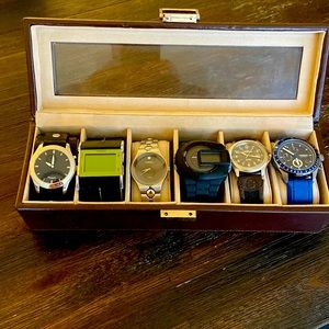 watch case along with 6 working watches, 4 Fossils, 1 Diesel and 1 Timex